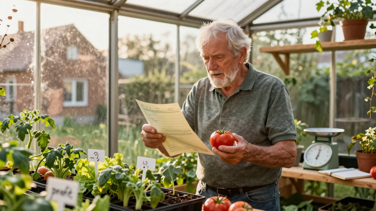 Idoso numa estufa segurando um tomate e lendo um papel, rodeado por plantas e legumes.