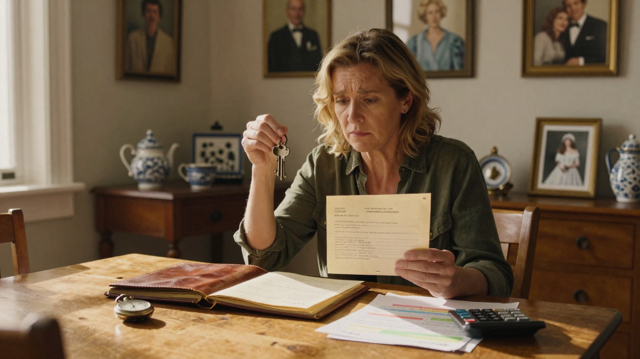 Mulher preocupada sentada à mesa com chaves, documentos e calculadora numa sala com retratos familiares.
