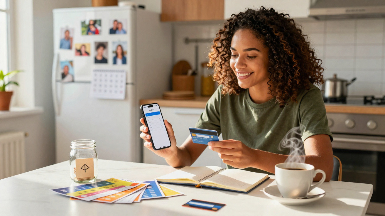 Mulher sorridente a fazer compras online com telemóvel e cartão de crédito numa cozinha moderna.
