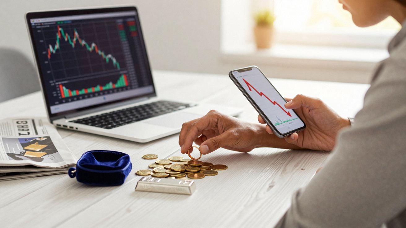 Pessoa a analisar gráficos de ações em smartphone e computador, com moedas e barra de ouro na mesa.