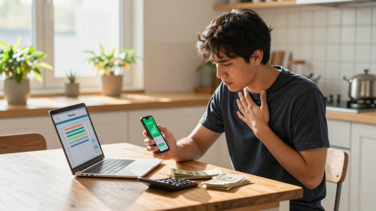 Jovem preocupado a analisar finanças no telemóvel e laptop, com dinheiro e calculadora na mesa.