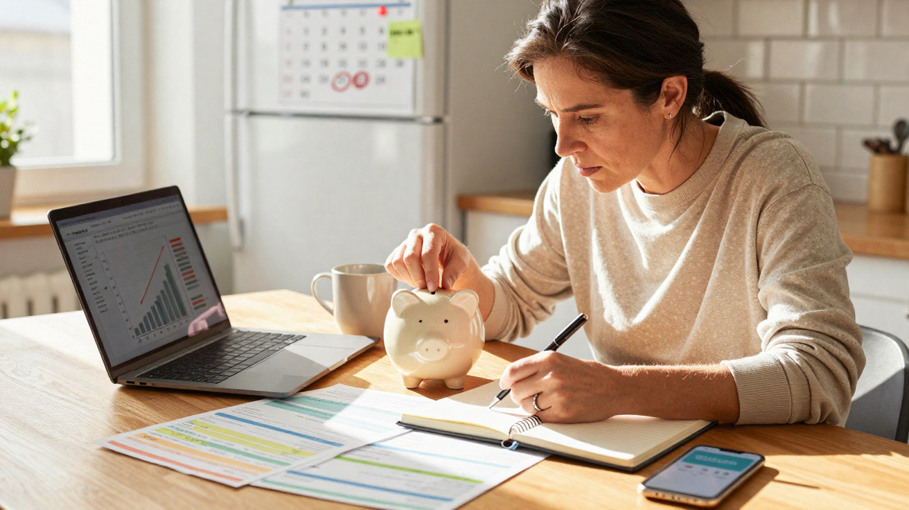 Mulher a gerir finanças em casa, com notas, caderno, laptop e mealheiro numa mesa de madeira.