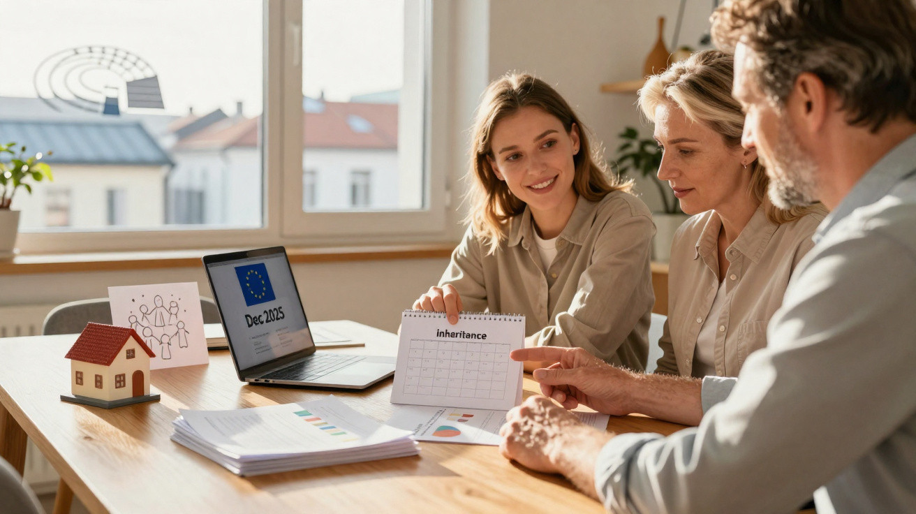 Três adultos sentados à mesa, discutindo calendário de herança com gráficos e modelo de casa.