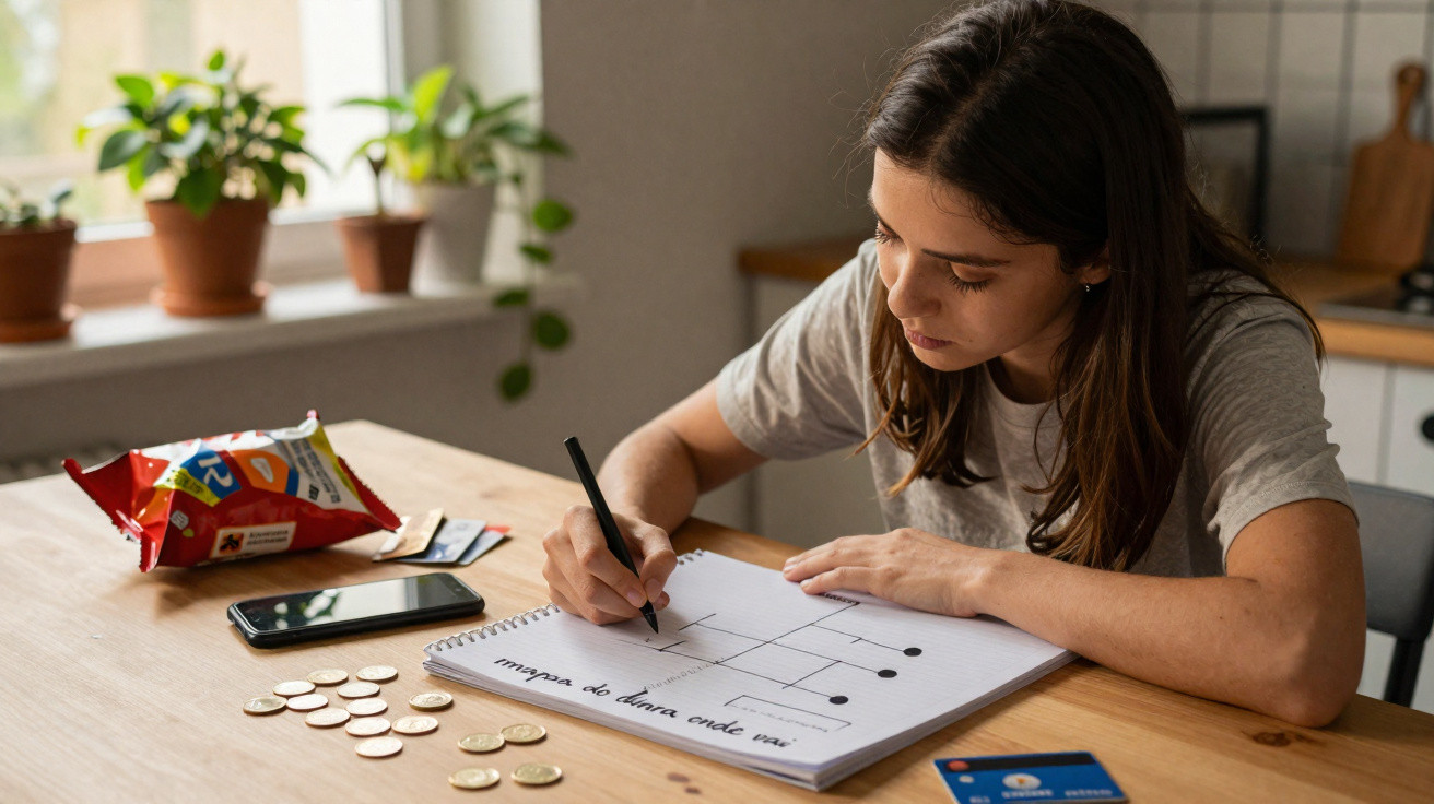 Mulher sentada numa mesa a desenhar um mapa de dívida, com moedas, telemóvel e cartões à sua frente.