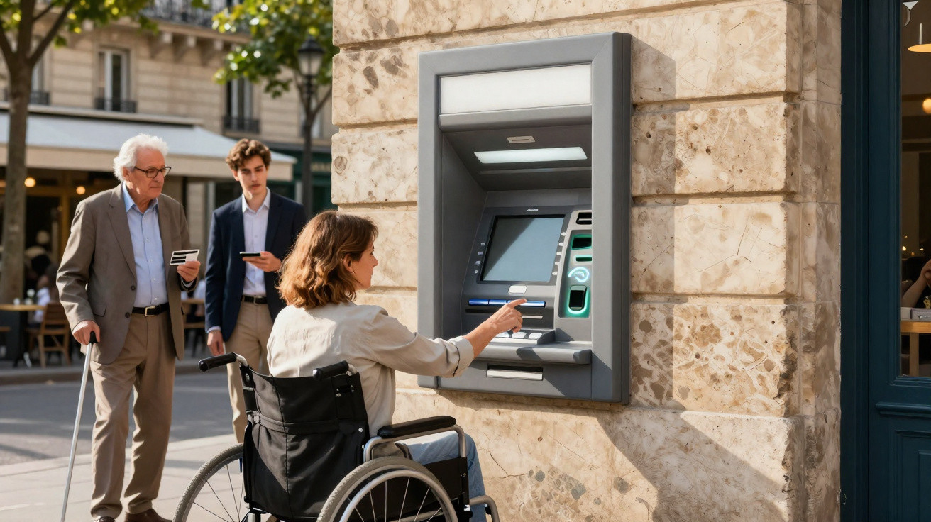Mulher em cadeira de rodas usa multibanco na rua, com dois homens à espera atrás dela.