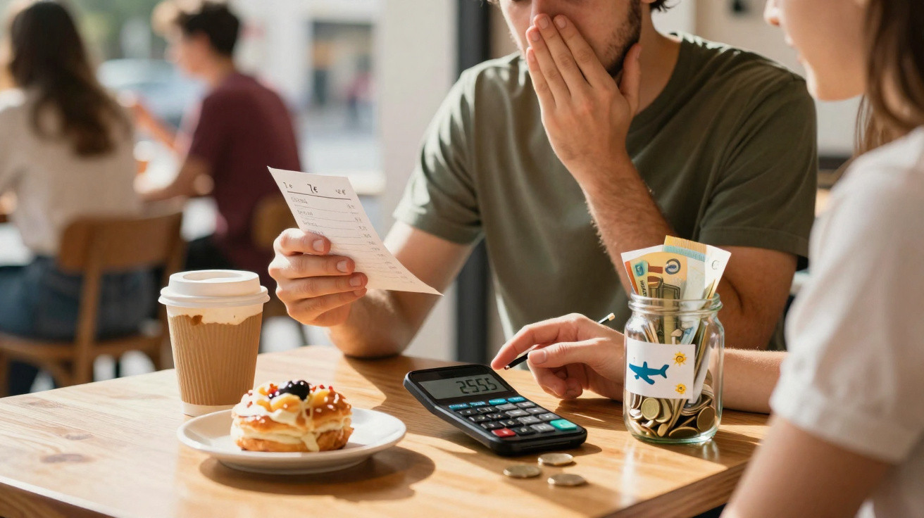 Casal em café a contar despesas com calculadora, conta e mealheiro com moedas e notas de euro.