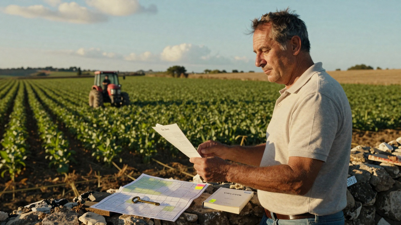 Agricultor analisa papéis junto a campo com tractor e mapas sobre muro de pedra.
