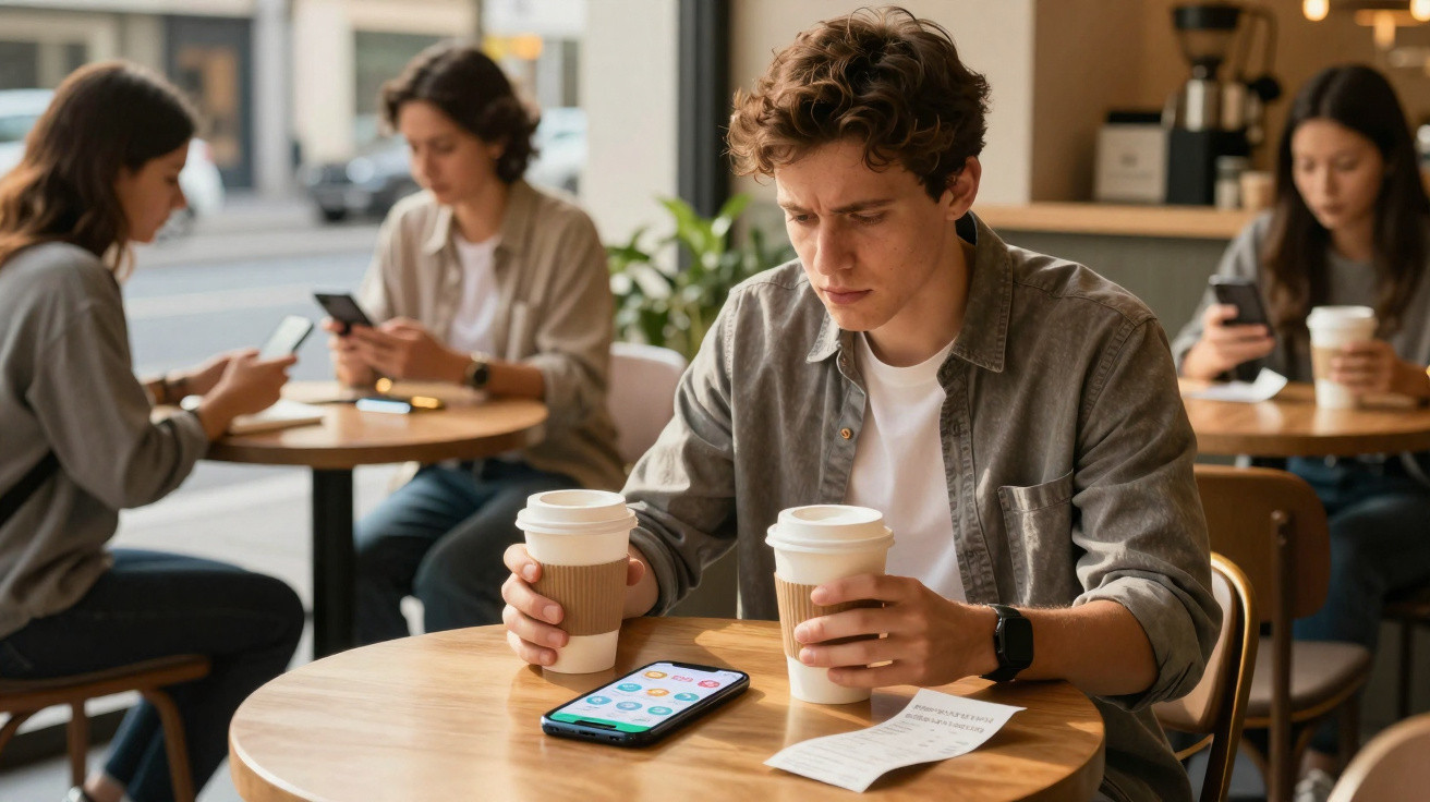 Homem sentado num café com dois copos de café e um smartphone na mesa, pessoas ao fundo no telemóvel.