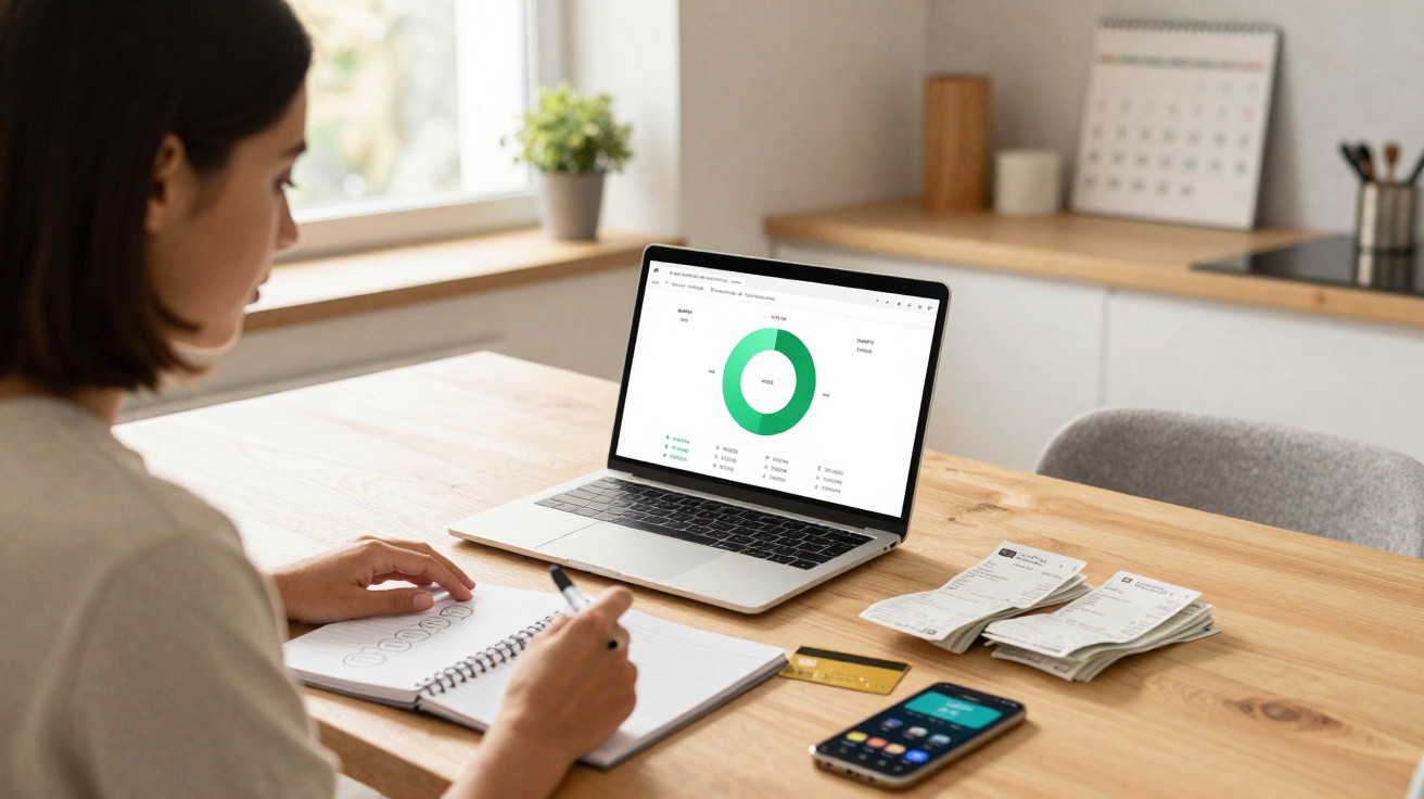 Mulher a analisar finanças num computador portátil, com bloco de notas, telemóvel, cartões e recibos numa mesa de madeira.