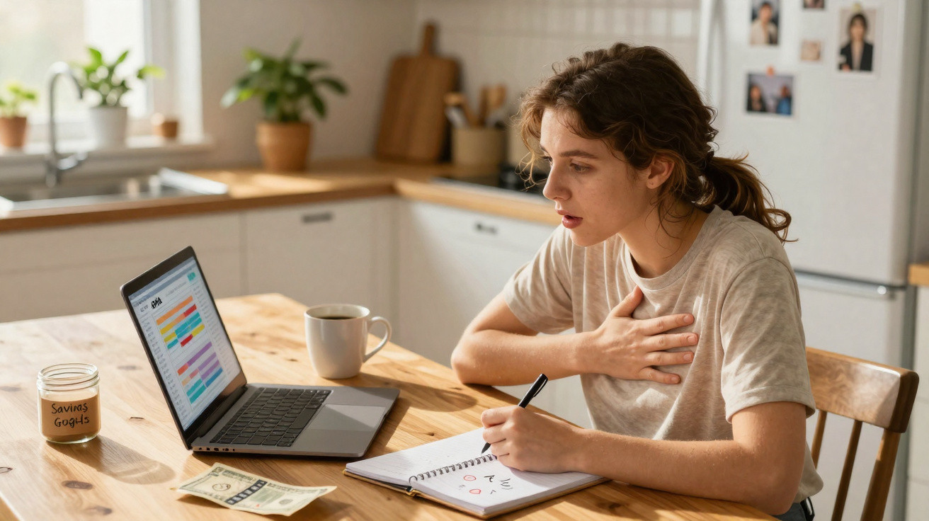 Mulher sentada à mesa com laptop, caneca e caderno, segurando o peito com expressão de desconforto.