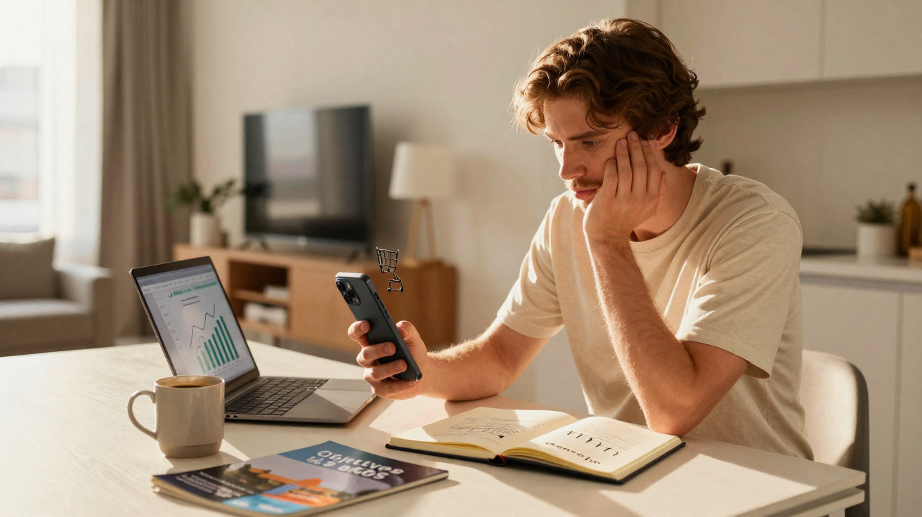 Homem jovem sentado à mesa a analisar dados no telemóvel, com portátil, caderno e café à frente.