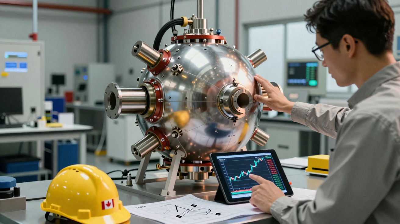 Cientista analisa dispositivo esférico metálico avançado numa sala de laboratório tecnológico moderno.