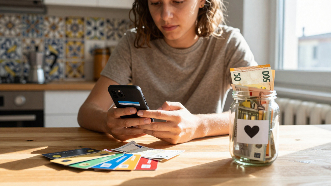 Pessoa a usar telemóvel junto a várias cartas de crédito e um frasco com dinheiro em notas em cima de mesa de madeira.