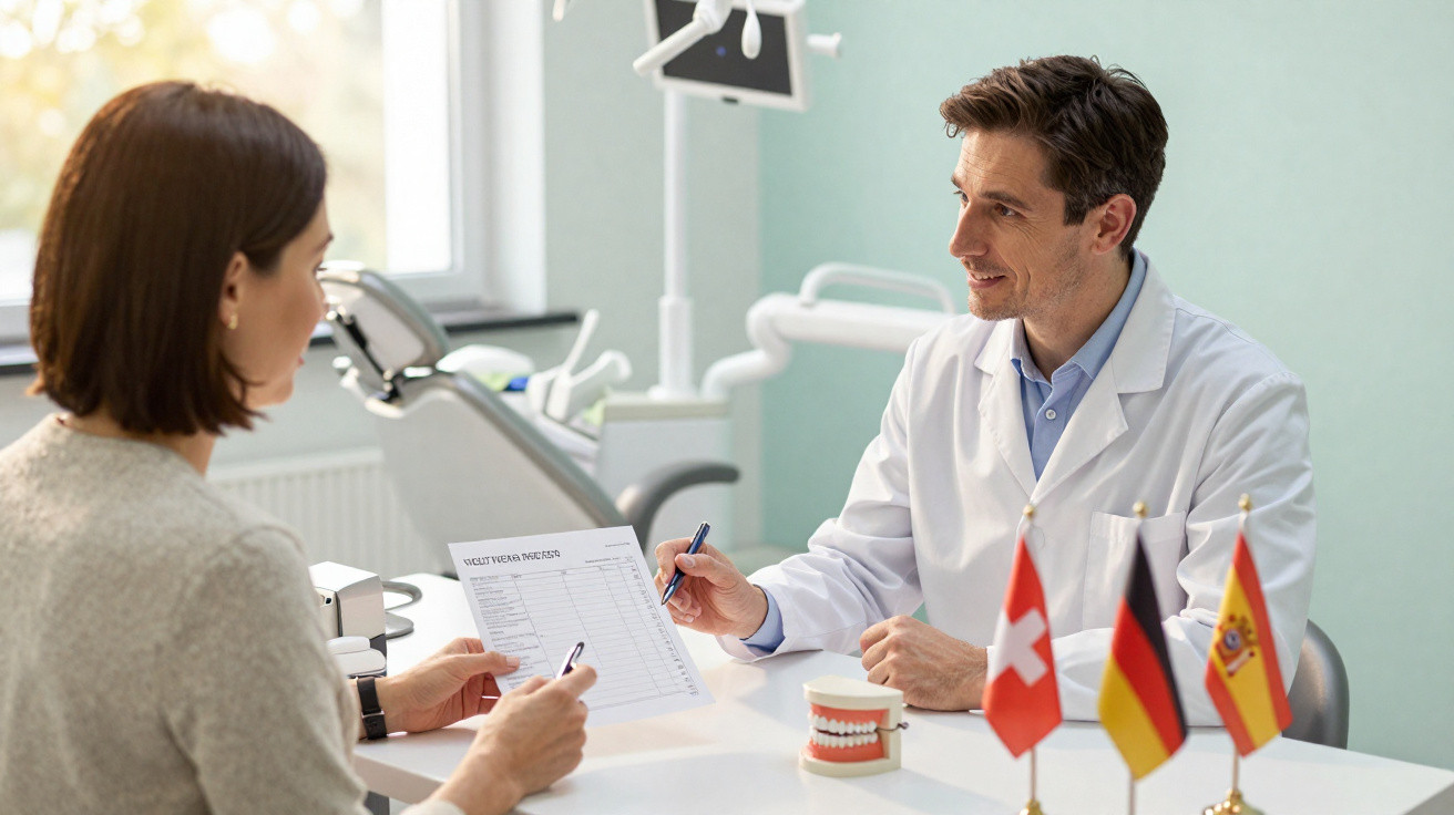 Dentista em consulta a explicar plano de tratamento a paciente numa clínica com modelos dentários na mesa.