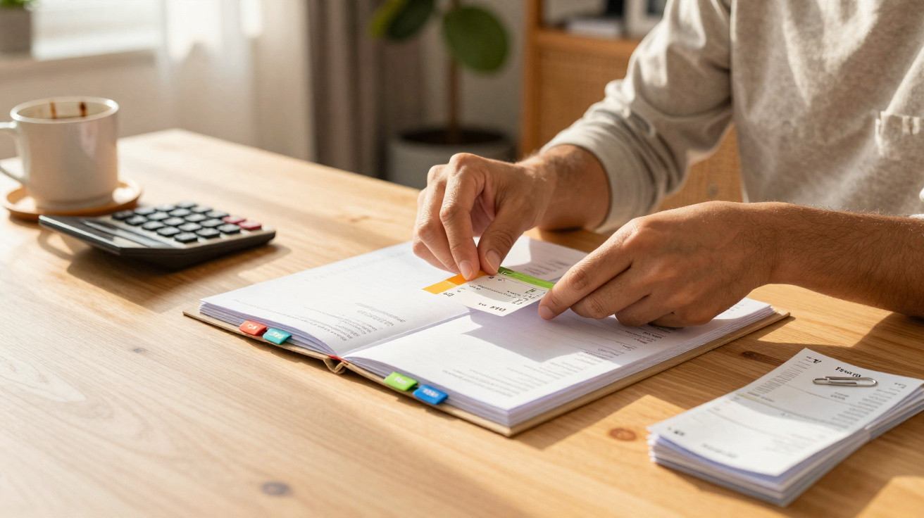 Pessoa a organizar documentos e a colocar um marcador num livro aberto numa mesa de madeira com calculadora e caneca.