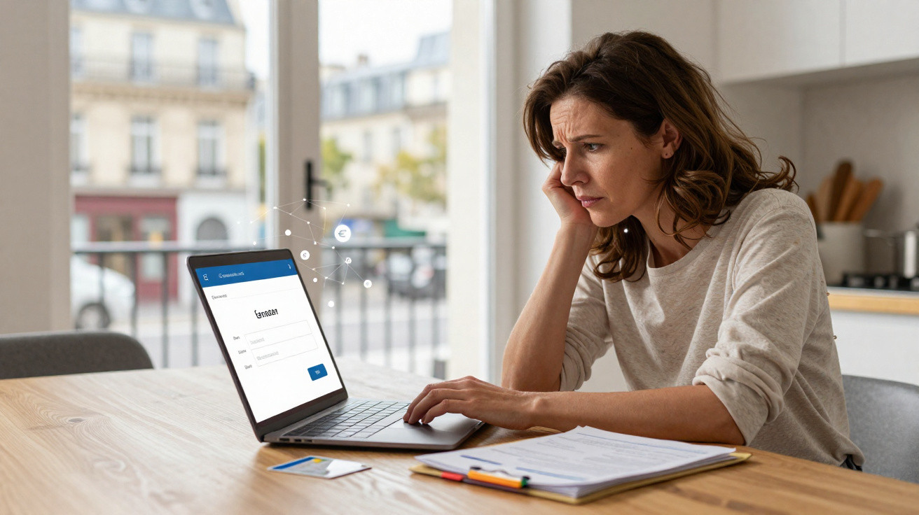 Mulher preocupada sentada à mesa, a tentar fazer login num computador portátil com documentos à frente.