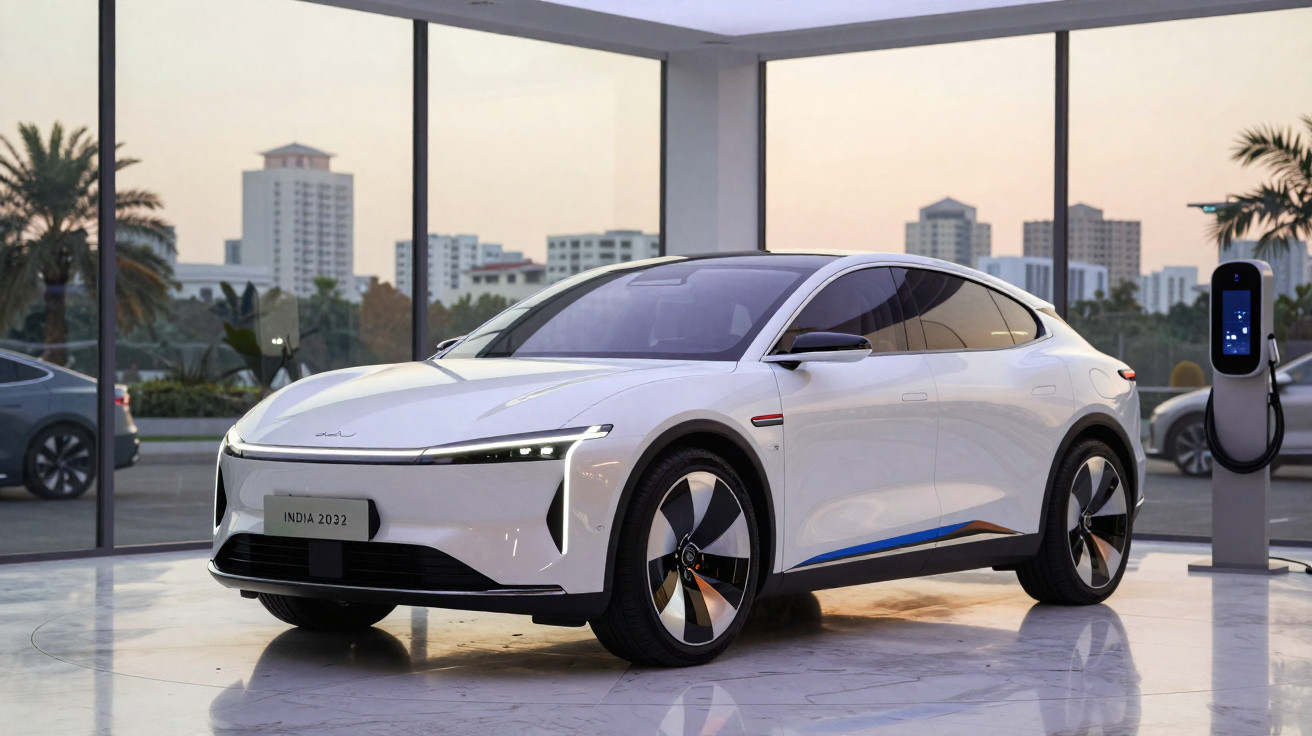 Carro elétrico branco moderno numa exposição com janelas grandes e estação de carregamento visível.