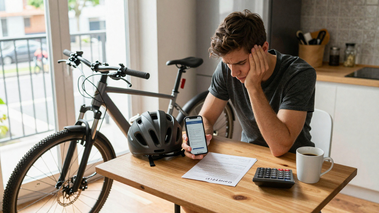 Jovem sentado à mesa com bicicleta e capacete atrás, a olhar preocupado para o telemóvel e documentos.