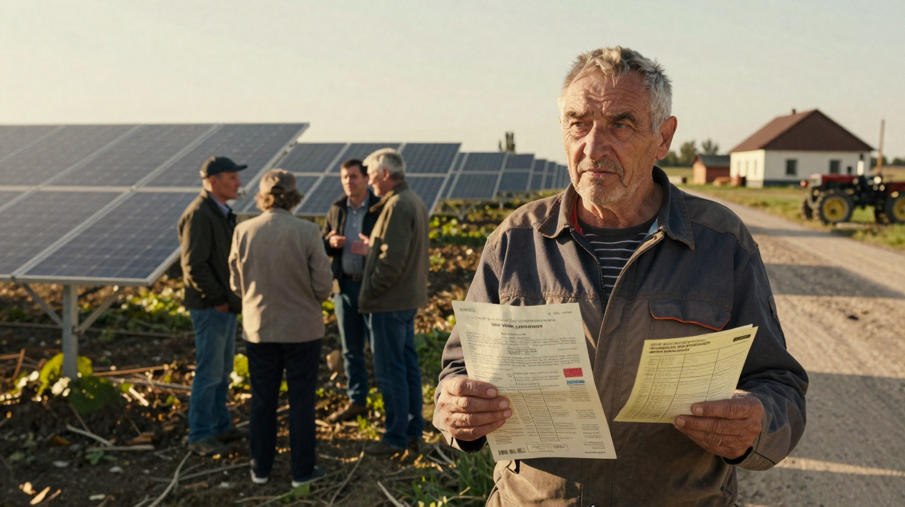 Homem segurando documentos numa quinta solar, com painéis fotovoltaicos e grupo de pessoas ao fundo.