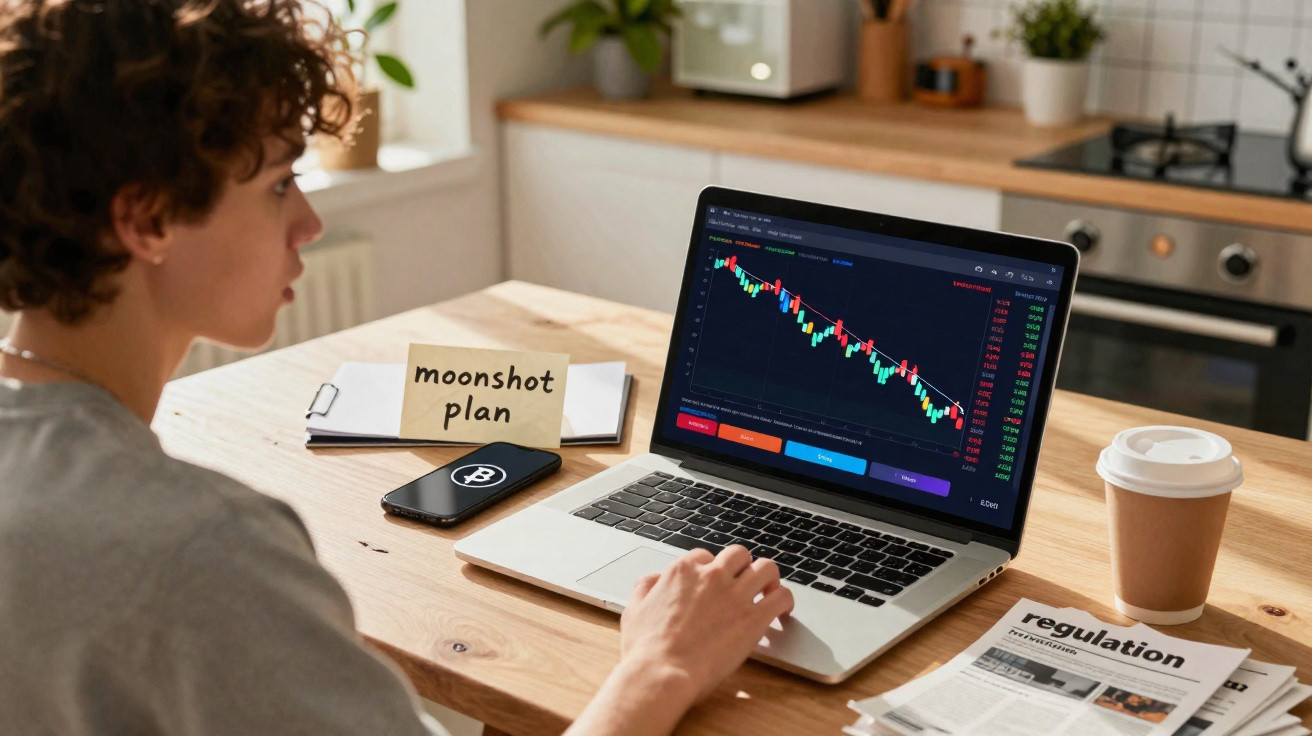 Pessoa a analisar gráfico de criptomoedas no portátil, com smartphone, café e documentos na mesa da cozinha.