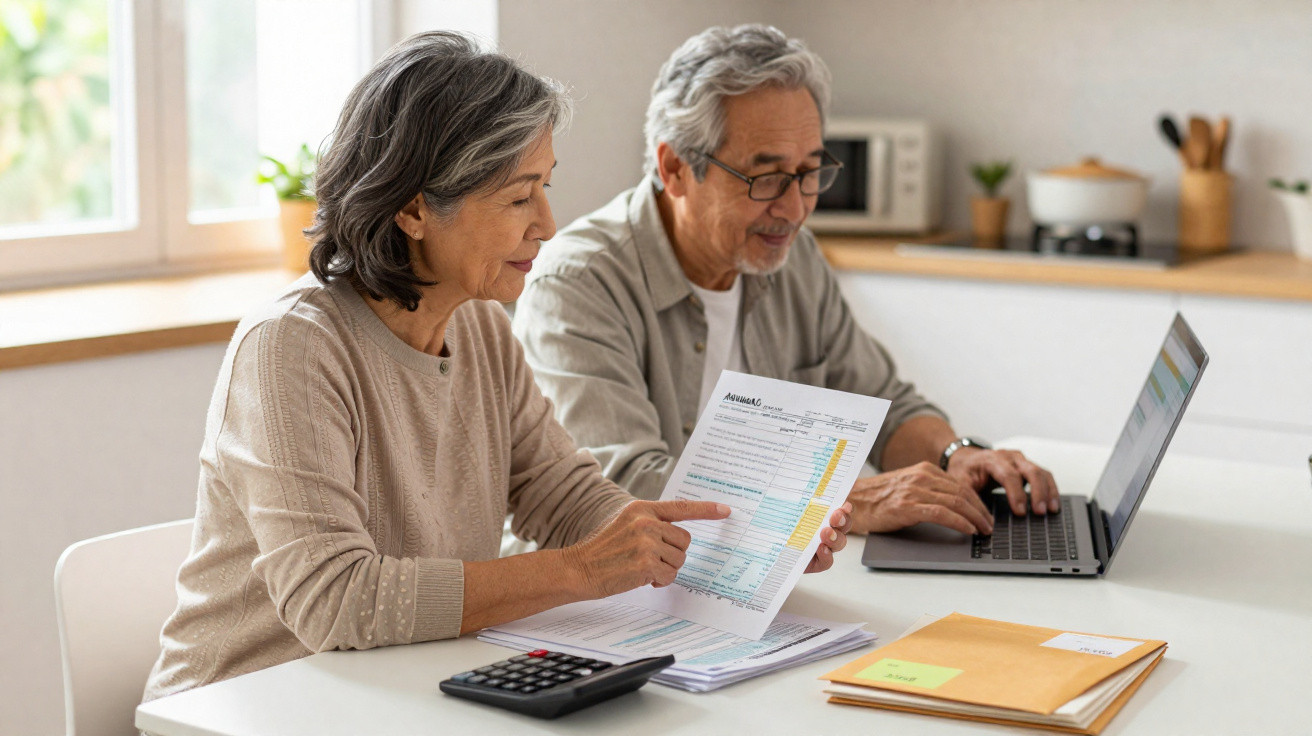 Casal idoso sentado à mesa a analisar contas e fazer cálculos com laptop e calculadora numa cozinha moderna.