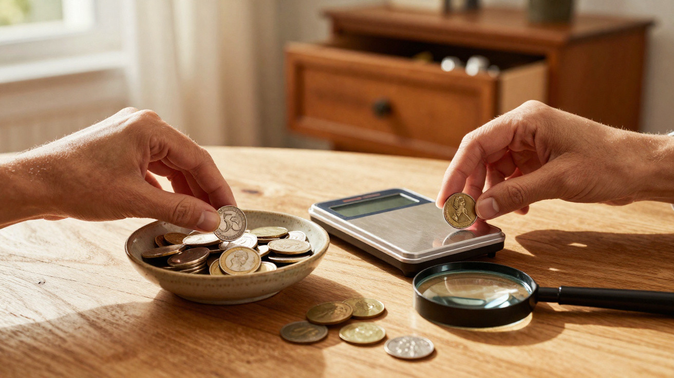 Duas mãos a contar moedas numa mesa com prato, lupa e calculadora digital em madeira clara.