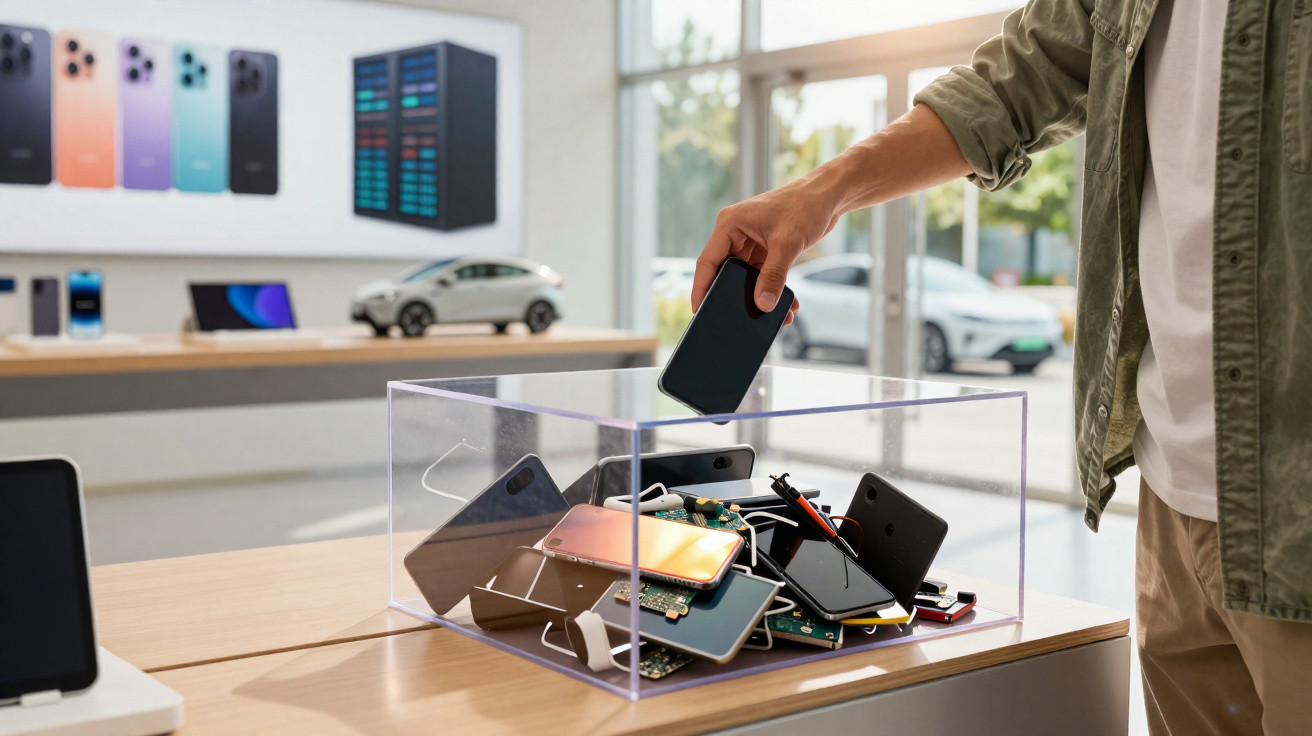 Pessoa a colocar um telemóvel usado numa caixa transparente cheia de dispositivos eletrónicos e peças recicladas.