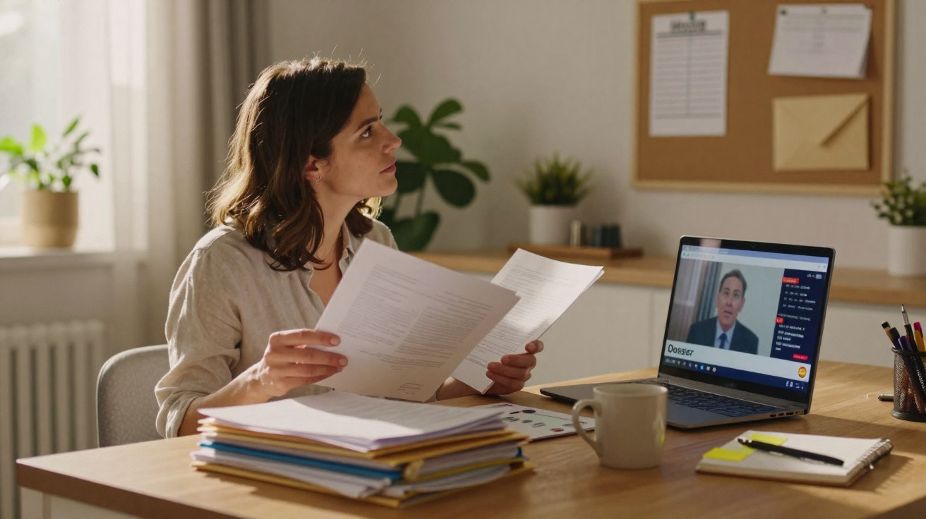 Mulher em teletrabalho analisa documentos enquanto participa numa videochamada no computador portátil.