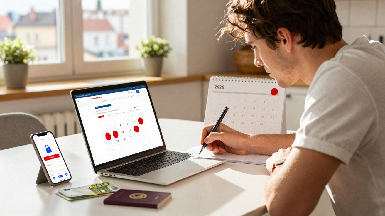 Homem a planear agenda em computador portátil com calendário físico e telemóvel numa mesa iluminada.