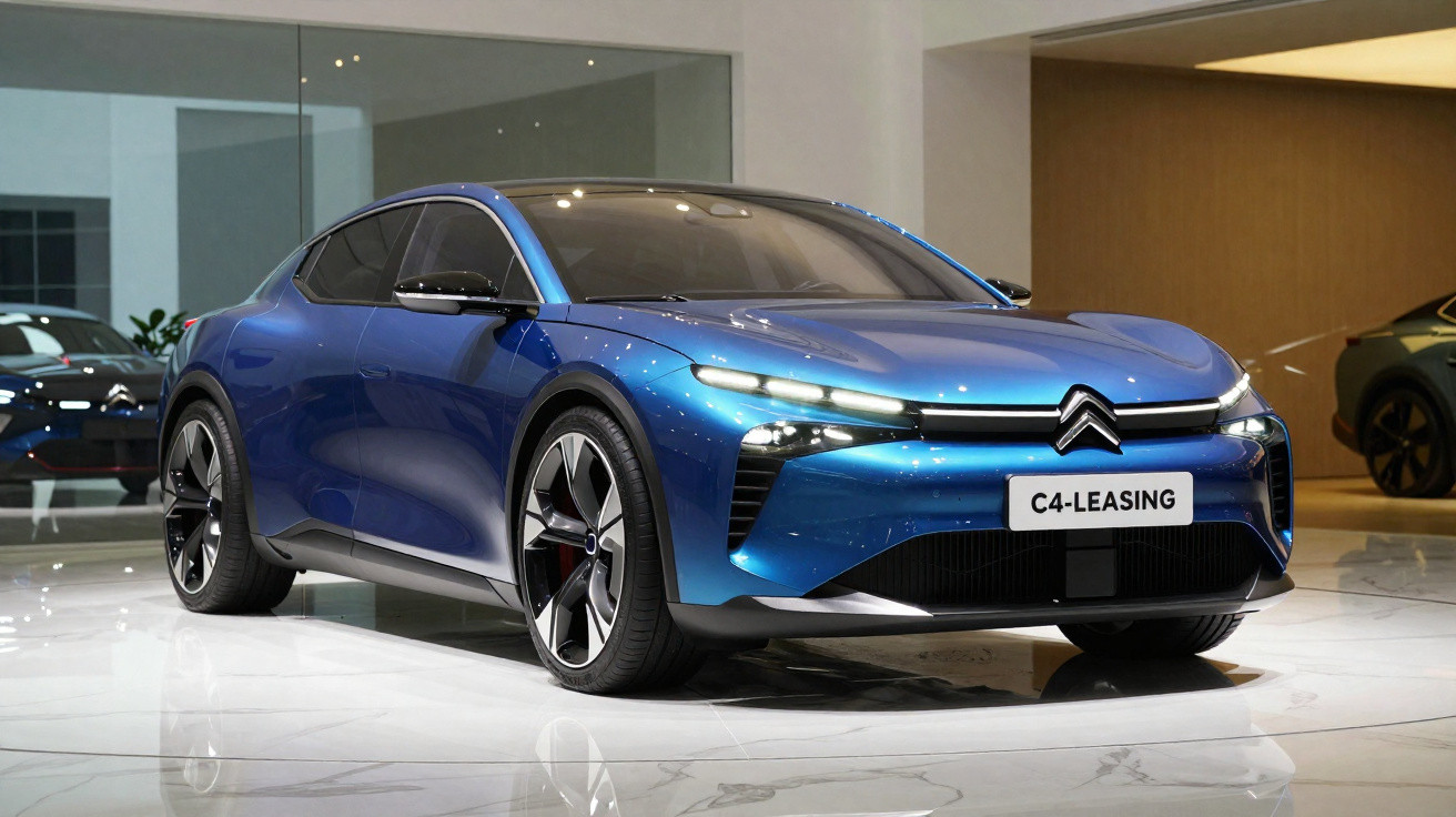 Carro elétrico Citroën C4 azul metalizado exposto numa sala com chão em mármore branco.