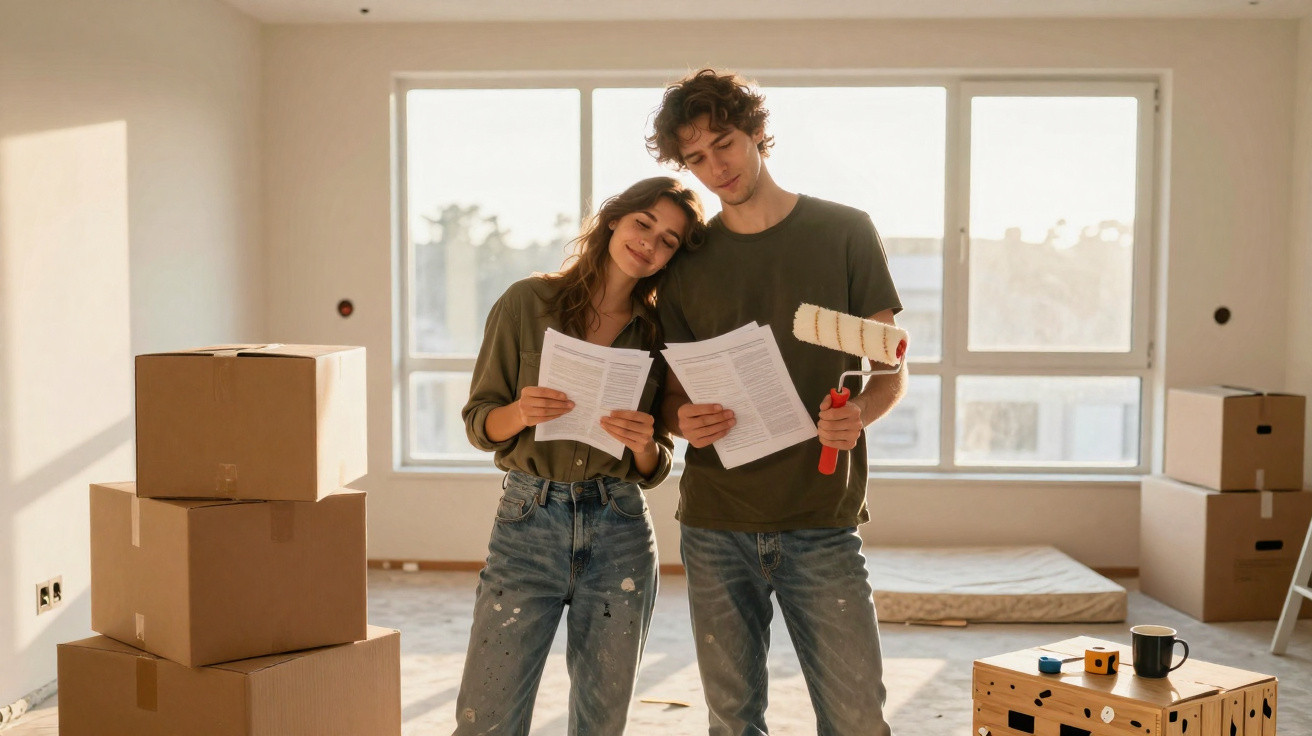 Casal jovem a ler instruções numa sala vazia com caixas de mudança e material de pintura.