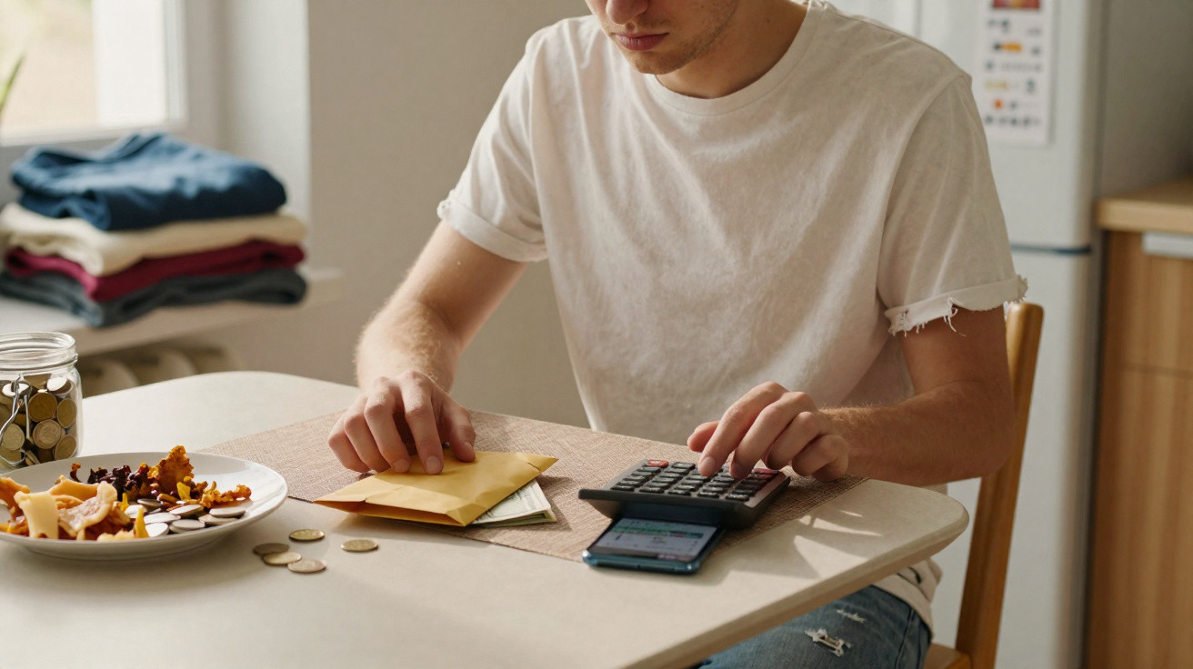 Jovem a calcular despesas com envelope, moedas e telemóvel numa mesa de cozinha em casa.