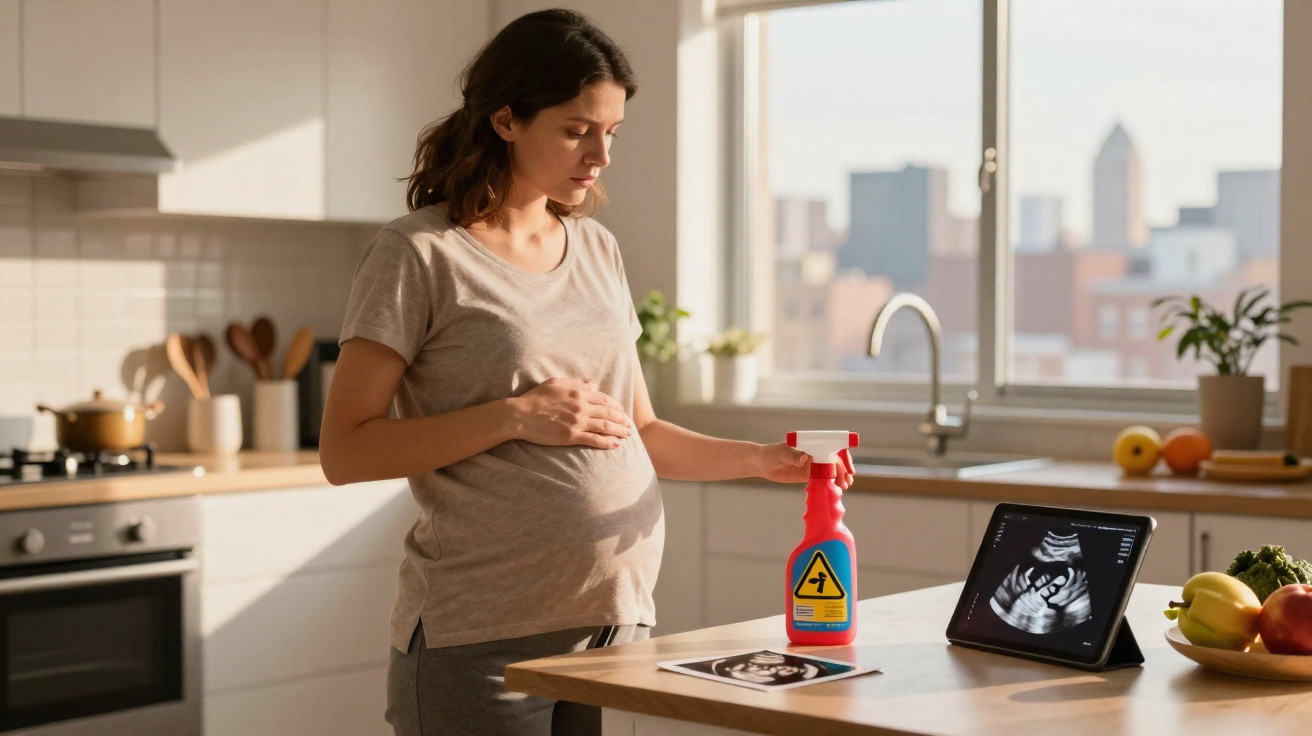 Mulher grávida na cozinha, com mão na barriga, olhando para ecografia num tablet sobre a mesa.