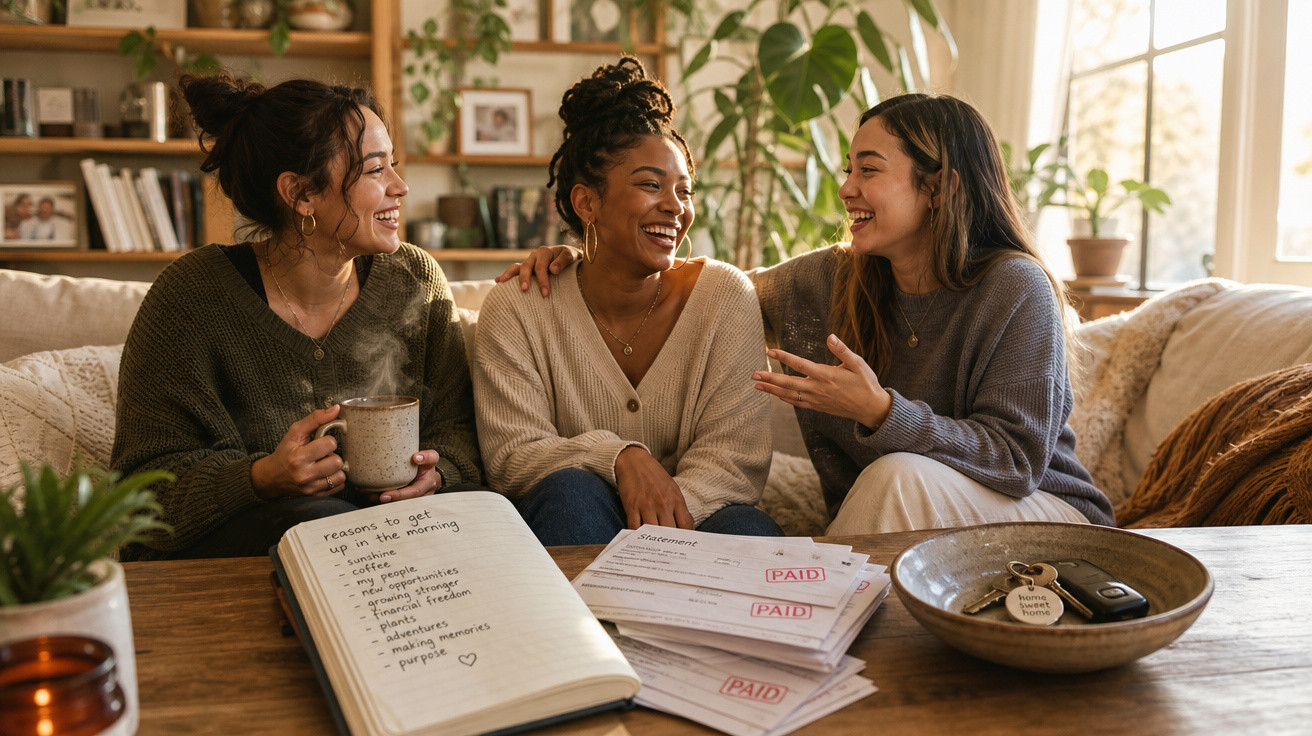 Três amigas felizes sentadas no sofá a conversar, com cadernos e contas pagas sobre a mesa de madeira.