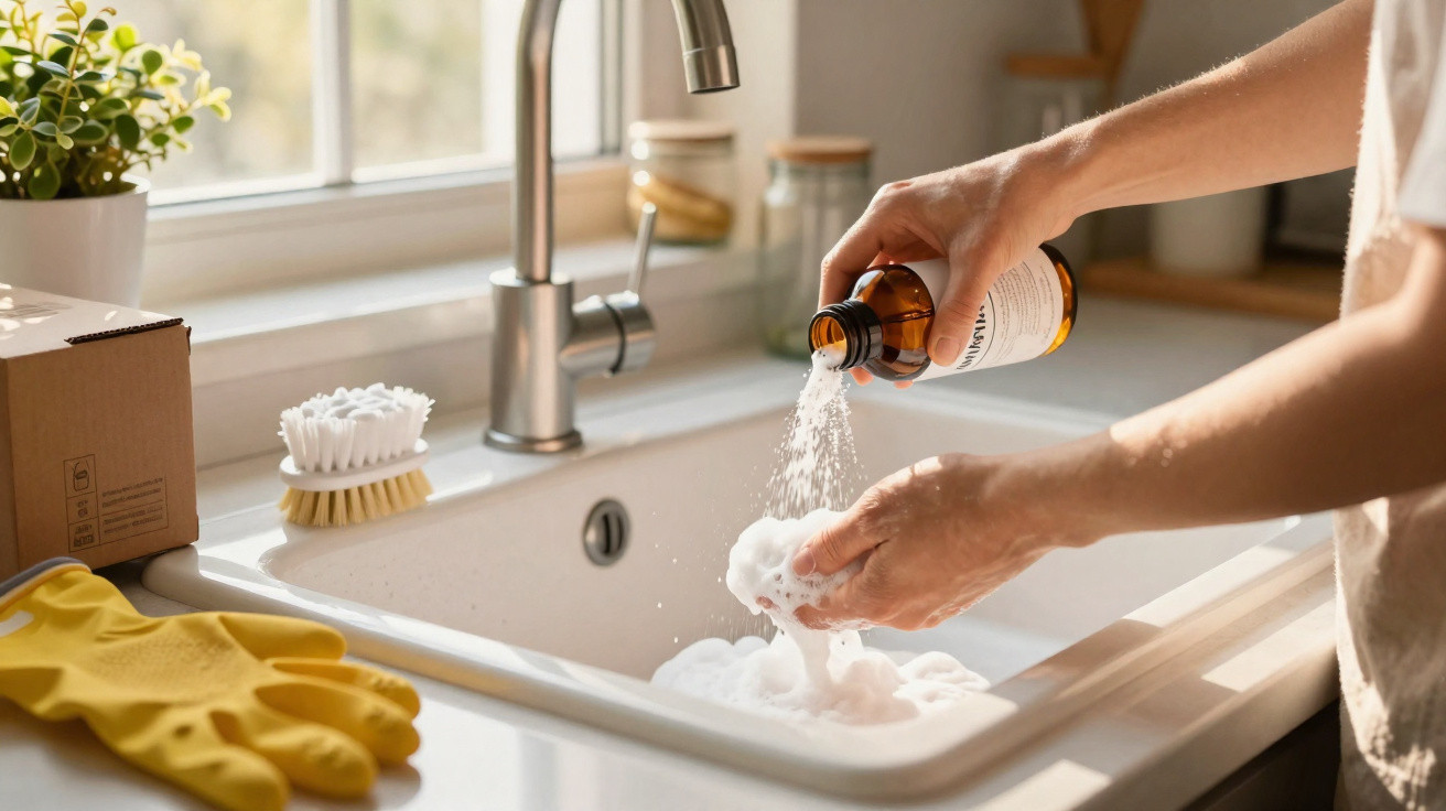 Pessoa a lavar as mãos com espuma branca numa pia de cozinha iluminada por luz natural.