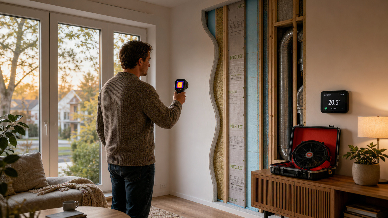 Homem com tricot mede temperatura numa parede parcialmente aberta com um termostato digital numa sala moderna.