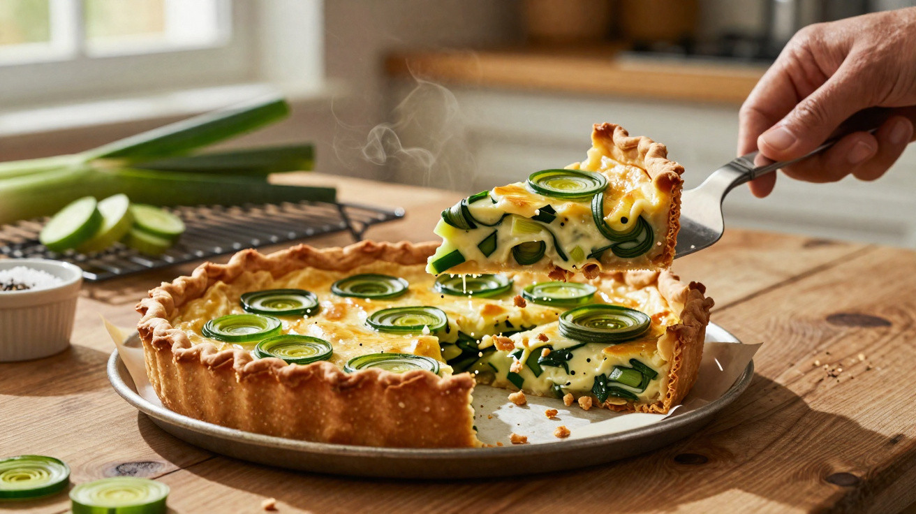 Tarte quente de legumes com fatia a ser servida numa cozinha rústica e luz natural.