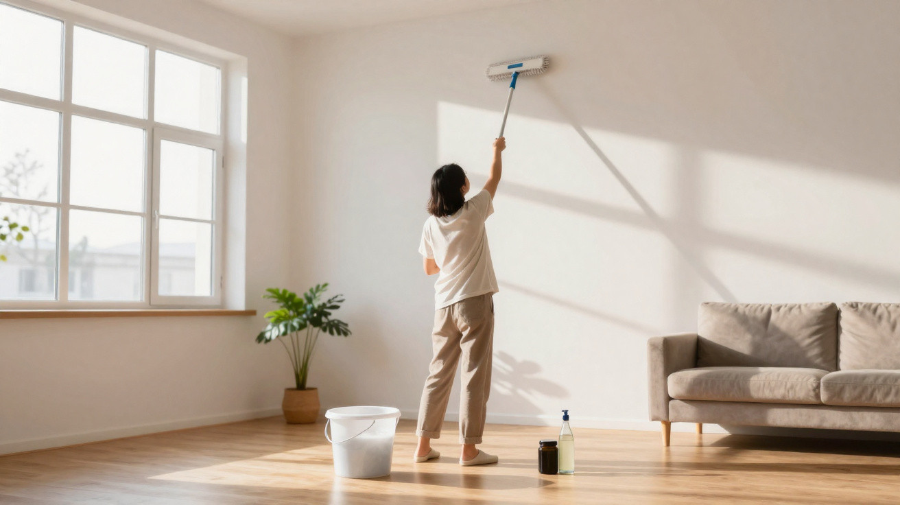 Pessoa a limpar uma parede branca de uma sala luminosa com um rodo extensível, junto a um balde e sofá cinzento.