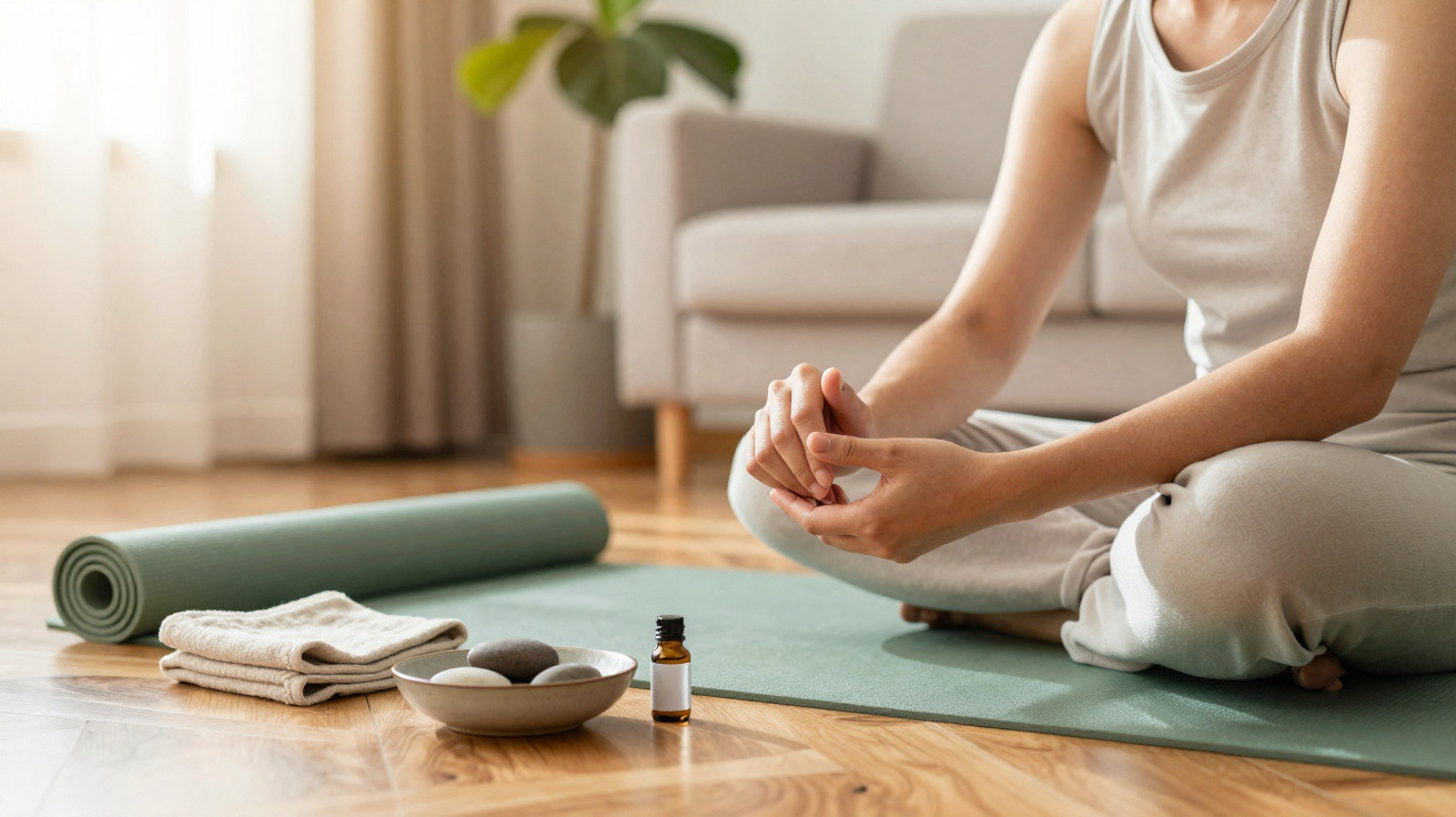 Pessoa sentada em tapete de yoga numa sala, com toalha, pedras e frasco de óleo essencial ao lado.