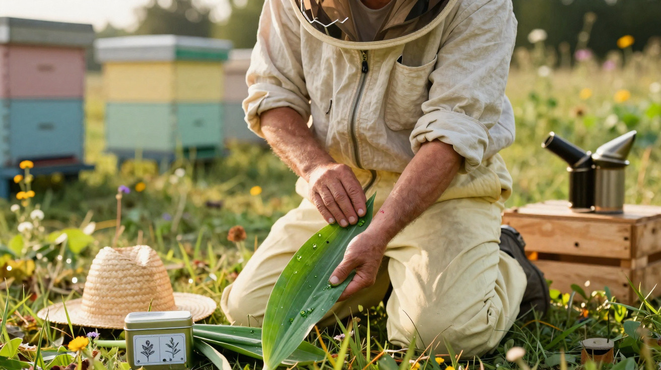 Apicultor com fato protetor a inspecionar plantas numa área com colmeias e flores ao amanhecer.