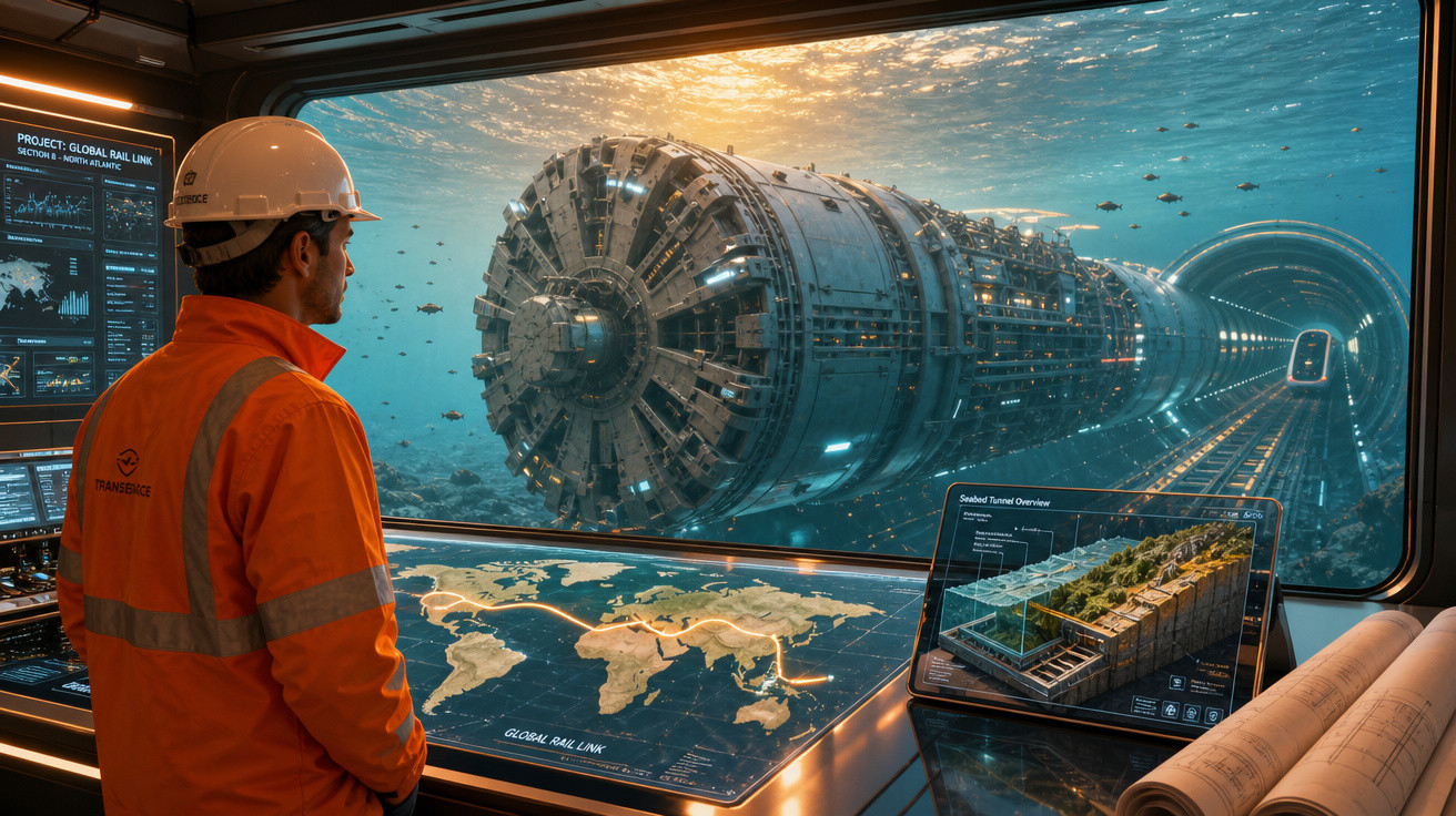 Homem com capacete numa sala de controlo observa máquina perfuradora submarina construindo túnel subaquático.