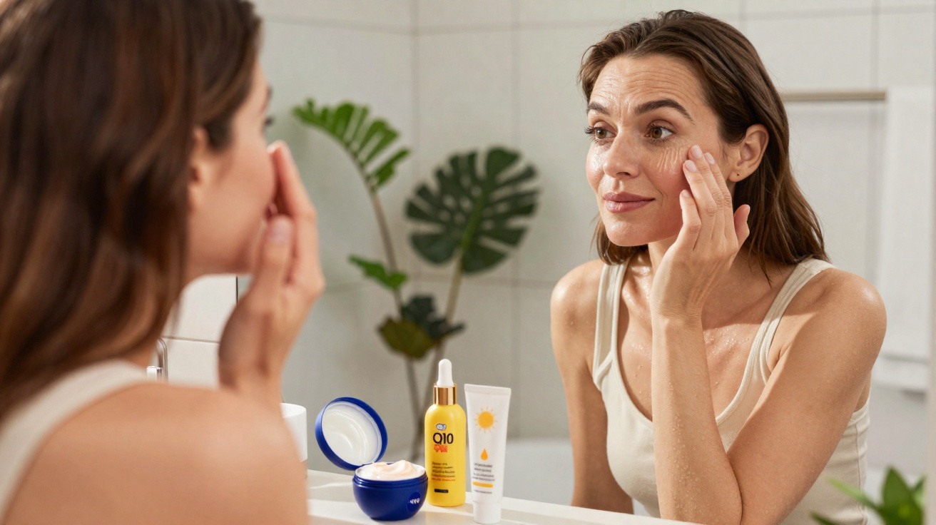 Mulher a aplicar creme facial, olhando-se ao espelho numa casa de banho com plantas ao fundo.