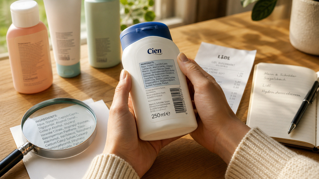 Mãos a segurar um frasco Cien de 250 ml, com lupa a destacar ingredientes, recibo Lidl e bloco de notas na mesa.