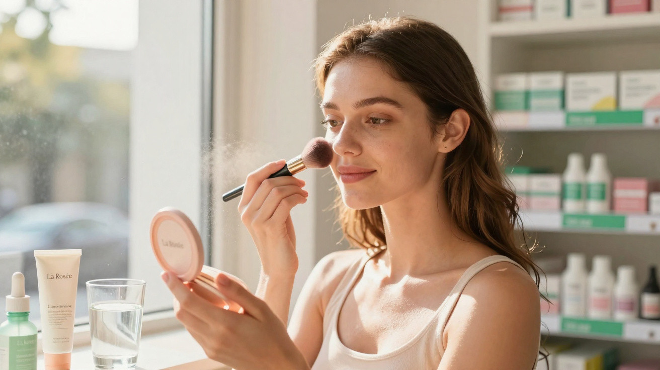 Mulher aplica maquilhagem com pincel e espelho num ambiente iluminado por luz natural e produtos cosméticos.