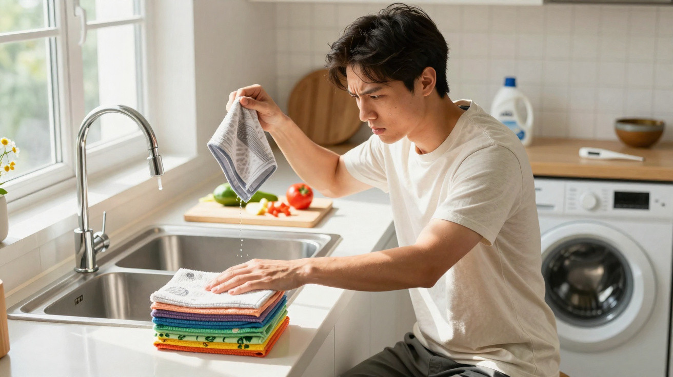 Homem a espremer um pano de cozinha molhado junto a uma bancada na cozinha moderna.