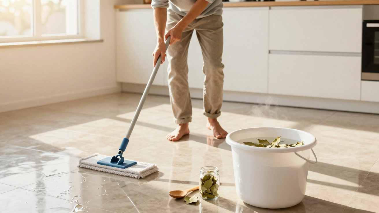 Pessoa a limpar o chão da cozinha com um esfregão junto a um balde com água e folhas.