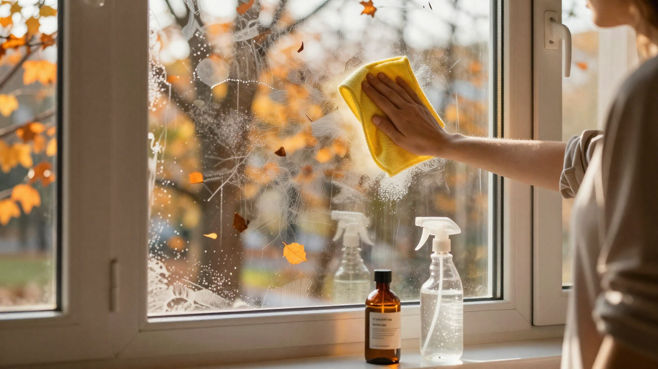 Pessoa a limpar uma janela com um pano amarelo e produtos de limpeza num dia de outono.