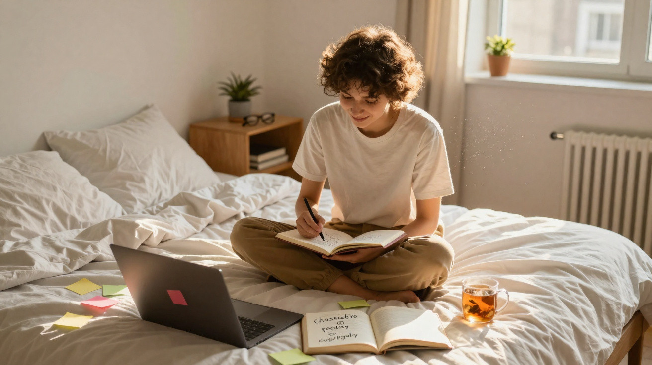 Pessoa sentada na cama a estudar, escrevendo num caderno, com portátil, livros e chá à sua volta.