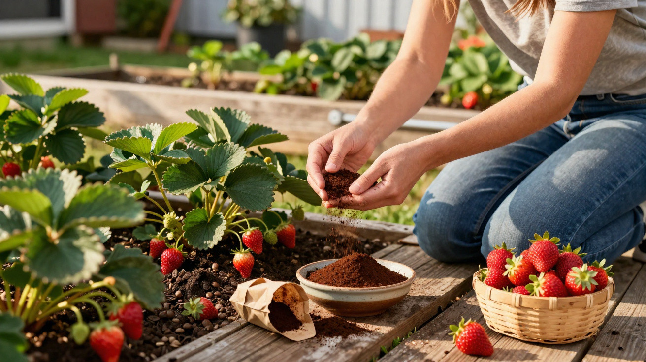 Pessoa a cultivar morangos com adubo em jardim elevado, com cesta de morangos maduros ao lado.