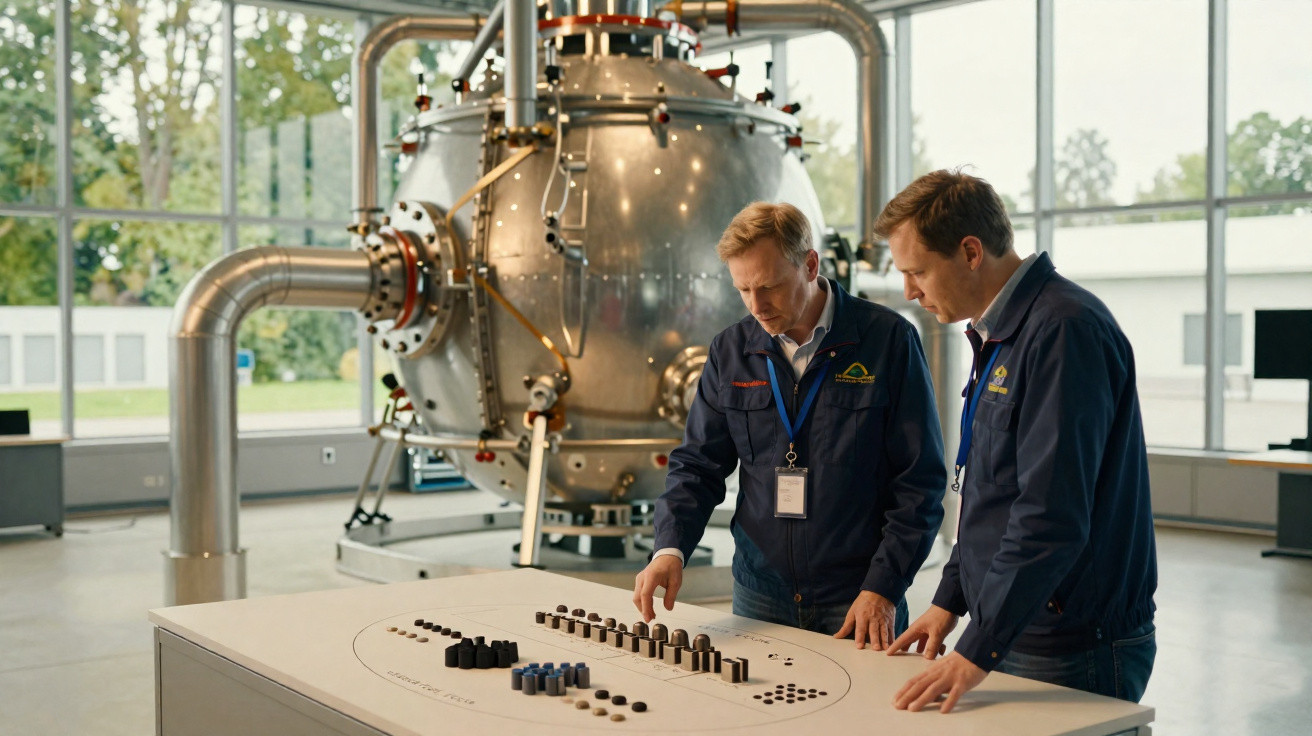 Dois homens junto a uma mesa tátil numa sala com equipamento industrial e janelas grandes ao fundo.